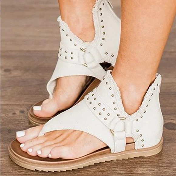 🩴 White Buckle Flip-Flops Canvas Flat Heel🩴 - Picture 1 of 5